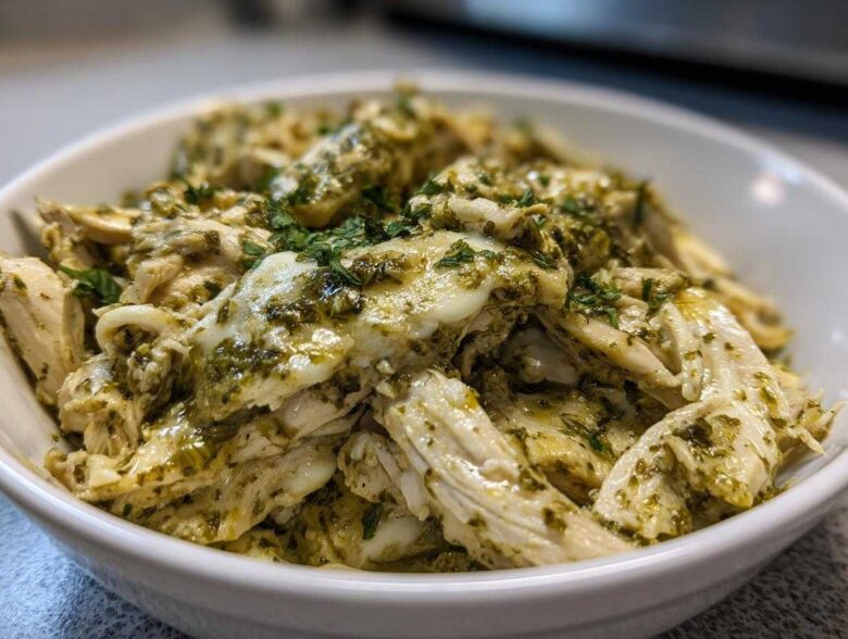 Shredded chicken coated in a creamy, green salsa verde sauce, served in a white bowl.