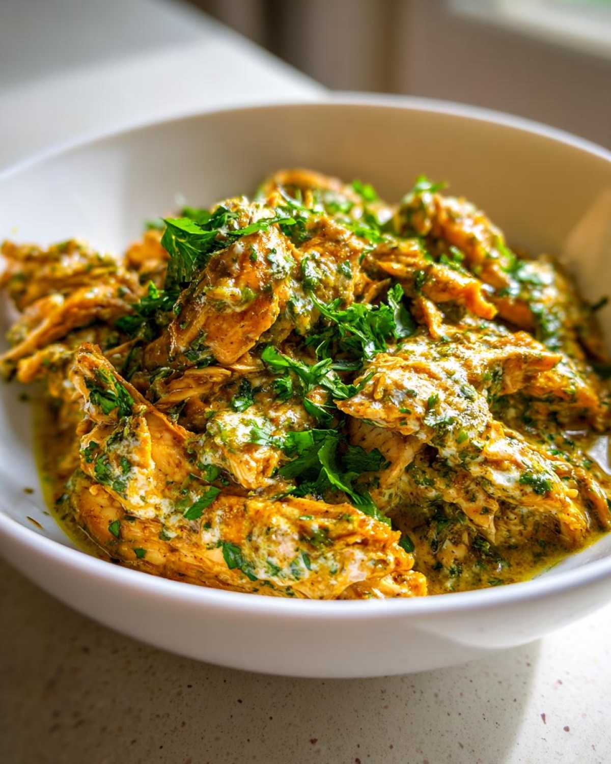 Shredded chicken coated in a creamy, green salsa verde sauce and topped with fresh parsley, served in a white bowl.