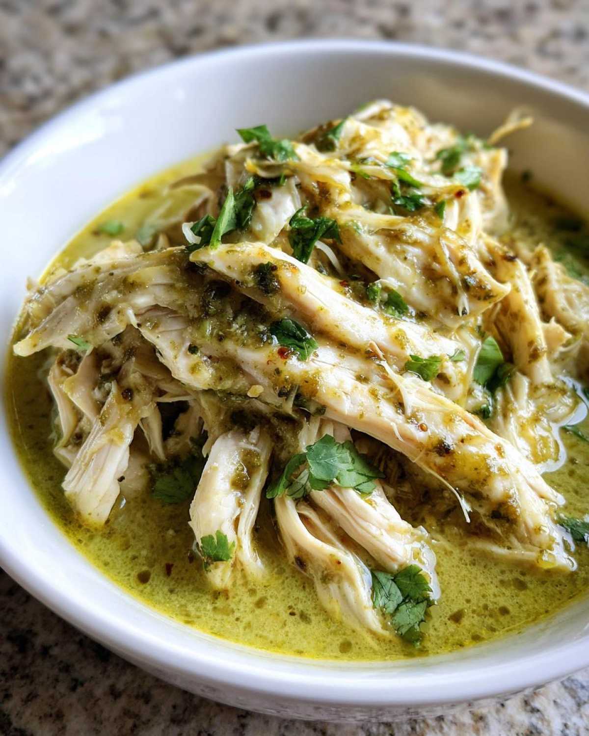 Close-up of shredded chicken coated in a creamy, bright green salsa verde sauce, garnished with cilantro.