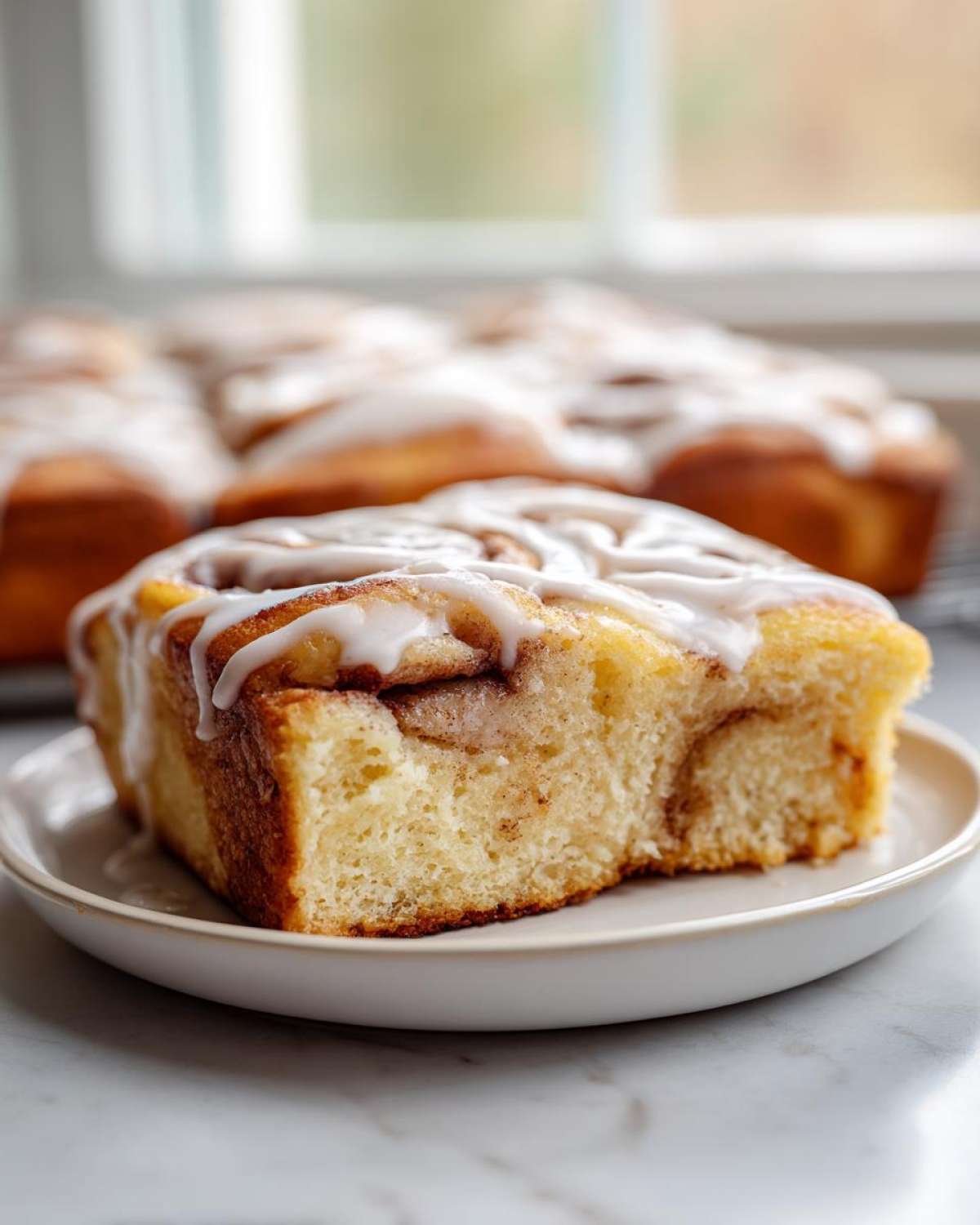 Close-up of a single serving slice from the Easy Sheet Pan Cinnamon Roll Pancake Bake, topped with white icing.