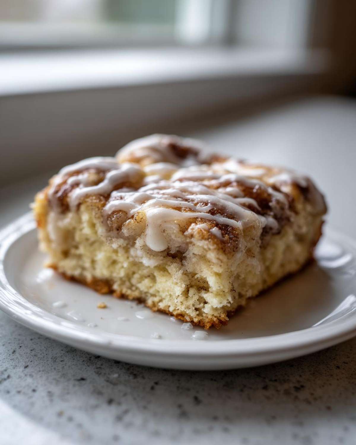 A close-up of a square slice of Easy Sheet Pan Cinnamon Roll Pancake Bake drizzled with white icing on a small white plate.