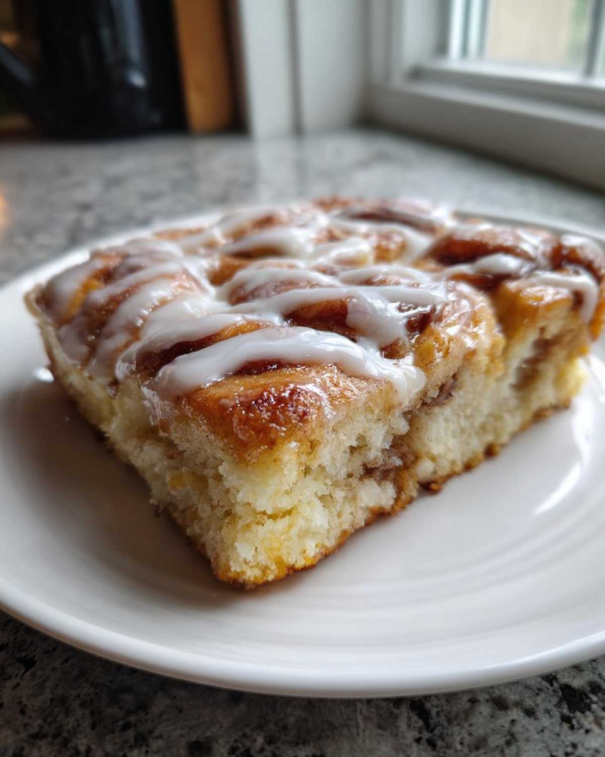 A close-up of a square slice of Easy Sheet Pan Cinnamon Roll Pancake Bake drizzled with white icing on a white plate.