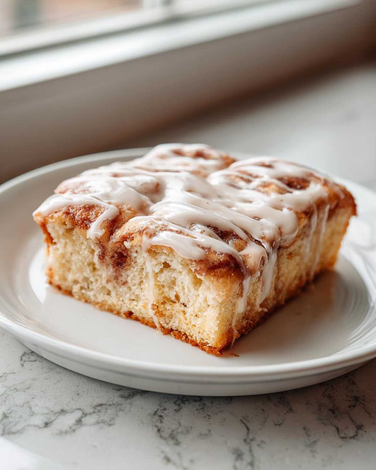 A square slice of Easy Sheet Pan Cinnamon Roll Pancake Bake topped with thick white icing.