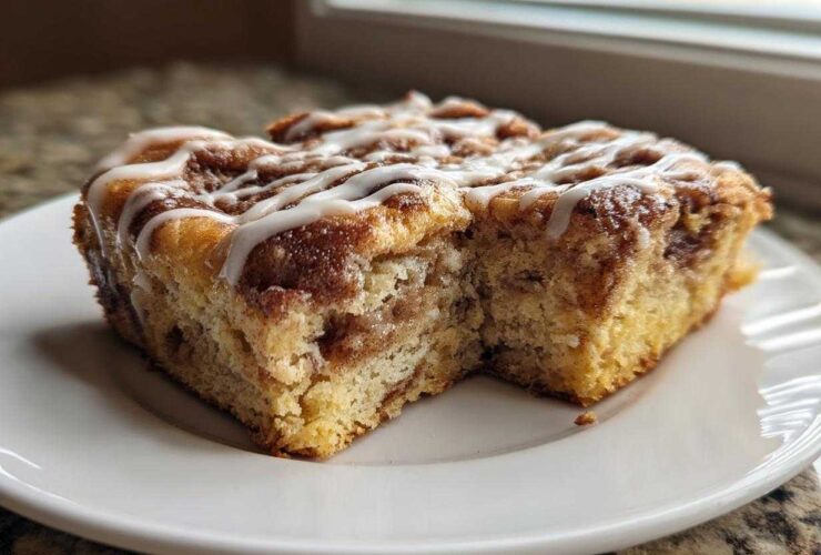 A square slice of Easy Sheet Pan Cinnamon Roll Pancake Bake drizzled with white icing on a white plate.