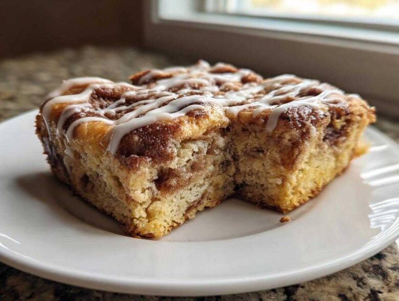 A square slice of Easy Sheet Pan Cinnamon Roll Pancake Bake drizzled with white icing on a white plate.