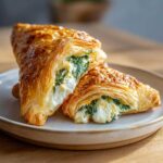 Two halves of a golden, flaky pastry cut open to show the creamy filling of Cheese and Spinach Stuffed Pastries.