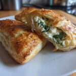 Close-up of flaky, golden brown Cheese and Spinach Stuffed Pastries, one cut open to show the creamy filling.