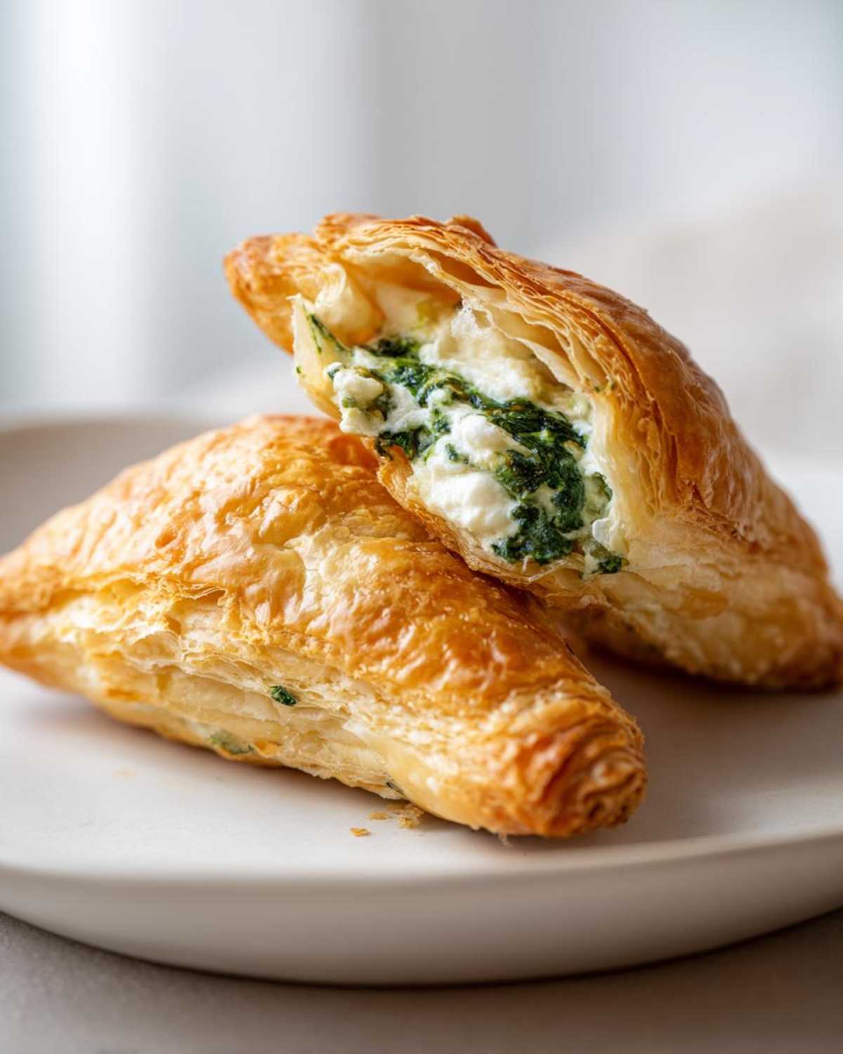 Close-up of flaky Cheese and Spinach Stuffed Pastries cut open to show the creamy white cheese and green spinach filling.