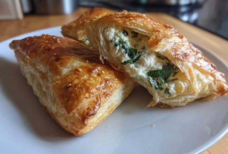 Close-up of flaky, golden brown Cheese and Spinach Stuffed Pastries, one cut open to show the creamy filling.