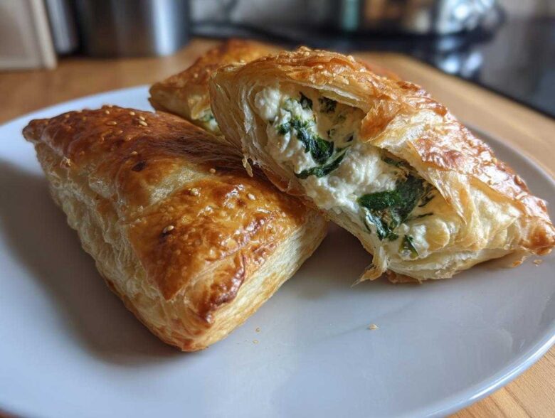 Close-up of flaky, golden brown Cheese and Spinach Stuffed Pastries, one cut open to show the creamy filling.