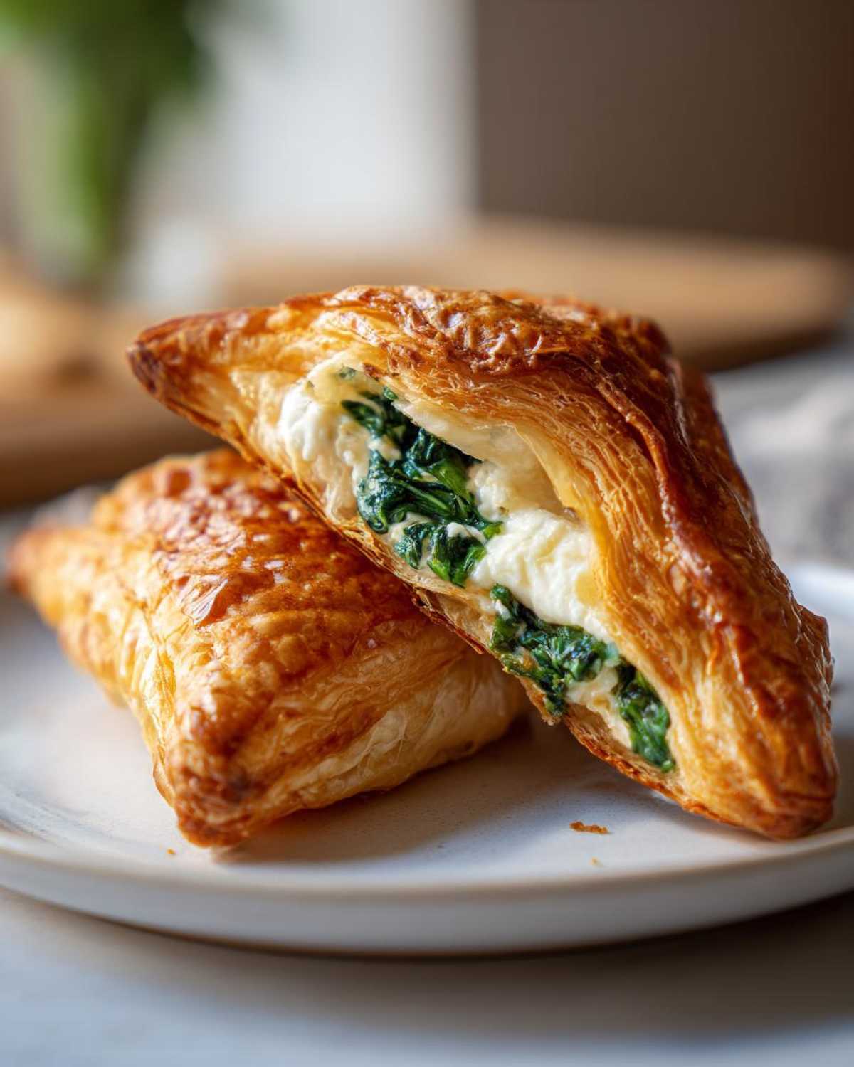 Close-up of flaky Cheese and Spinach Stuffed Pastries cut in half, showing the creamy cheese and vibrant spinach filling.