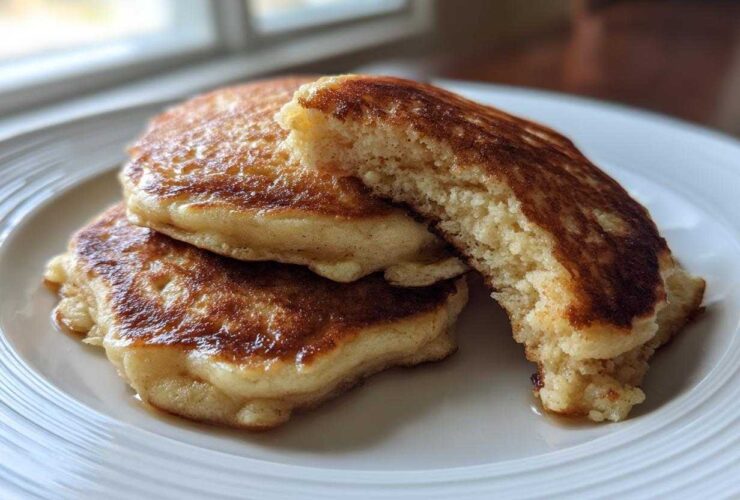 Close-up of three golden-brown Banana Pancakes stacked on a white plate, one broken open to show the fluffy interior.