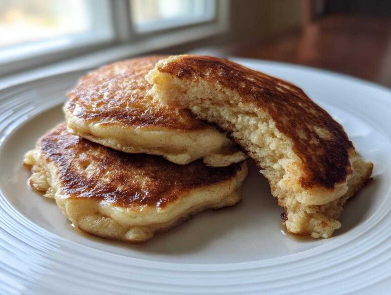 Close-up of three golden-brown Banana Pancakes stacked on a white plate, one broken open to show the fluffy interior.