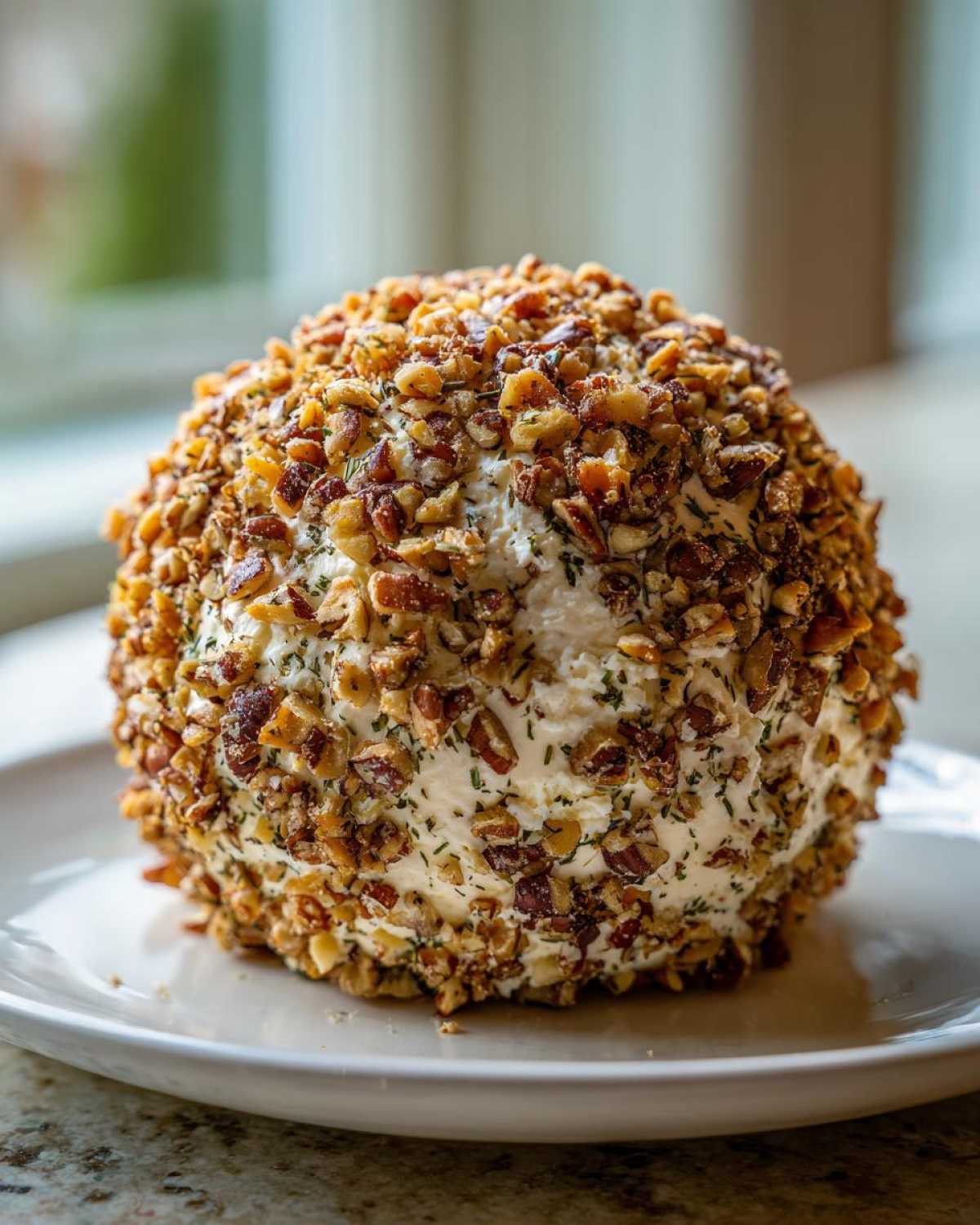 A close-up of a perfectly formed cheese ball recipe coated entirely in chopped pecans and herbs.