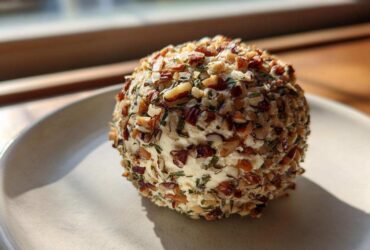 A single, round cheese ball recipe coated entirely in chopped pecans and herbs, sitting on a light plate near a window.