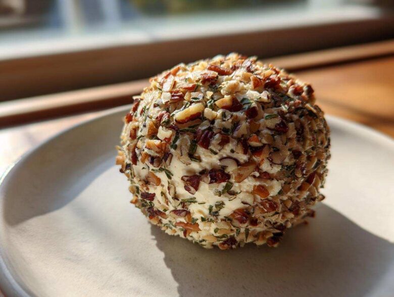 A single, round cheese ball recipe coated entirely in chopped pecans and herbs, sitting on a light plate near a window.