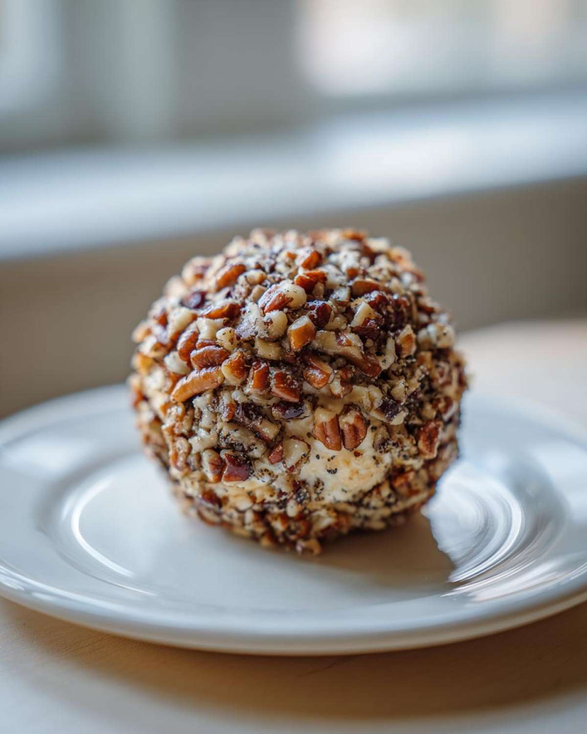 A perfectly formed cheese ball recipe coated entirely in chopped pecans and spices, resting on a white plate.