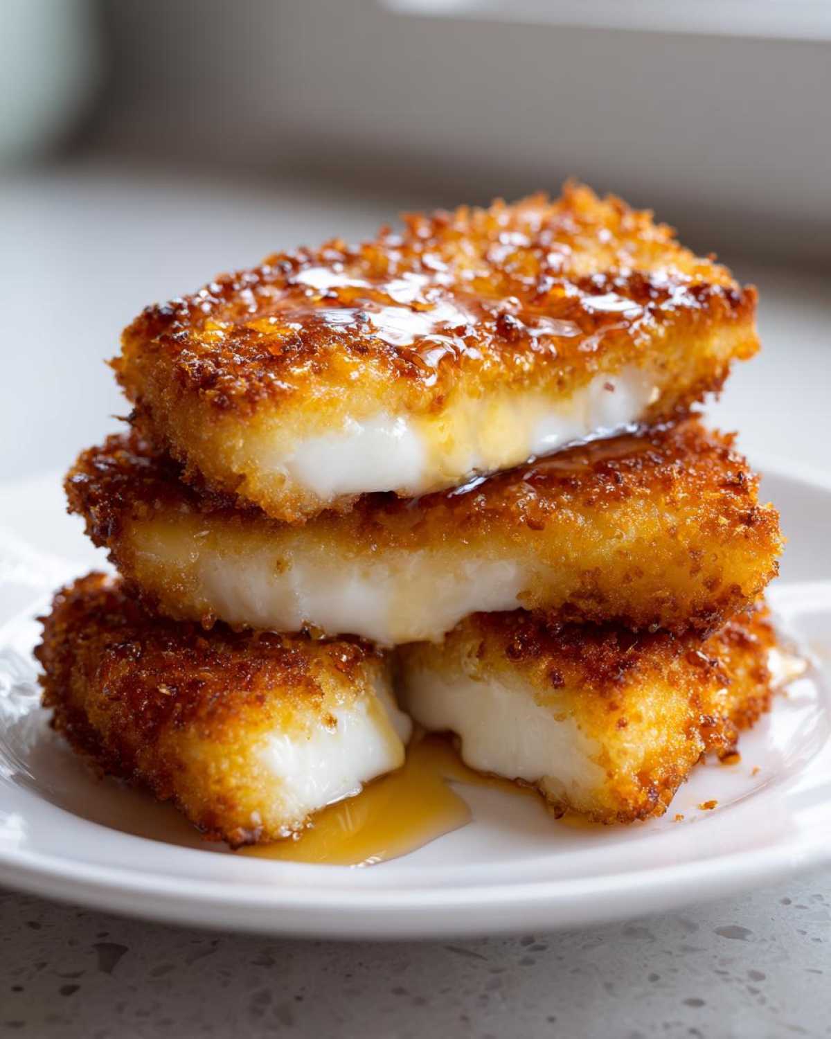 A stack of three pieces of golden, crispy Fried Manchego Cheese drizzled generously with honey.