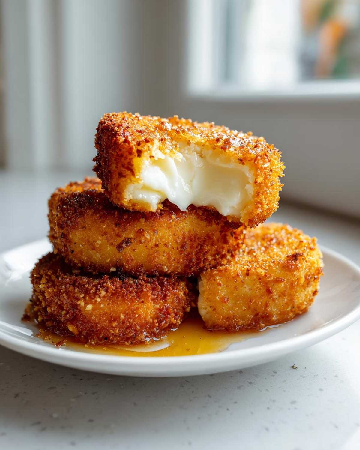 Stack of golden brown Fried Manchego Cheese pieces drizzled with honey, showing the melted interior.