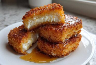 Close-up of golden brown Fried Manchego Cheese pieces stacked on a white plate, oozing with melted cheese and drizzled with honey.