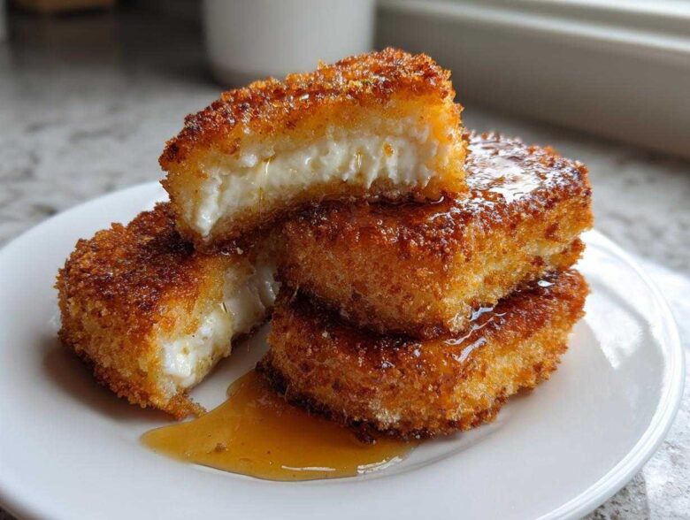 Close-up of golden brown Fried Manchego Cheese pieces stacked on a white plate, oozing with melted cheese and drizzled with honey.