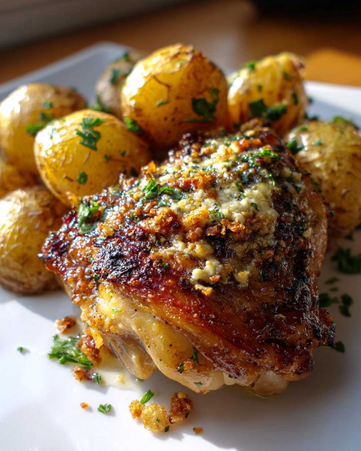 Close-up of a golden-brown garlic parmesan chicken thigh served with roasted baby potatoes.