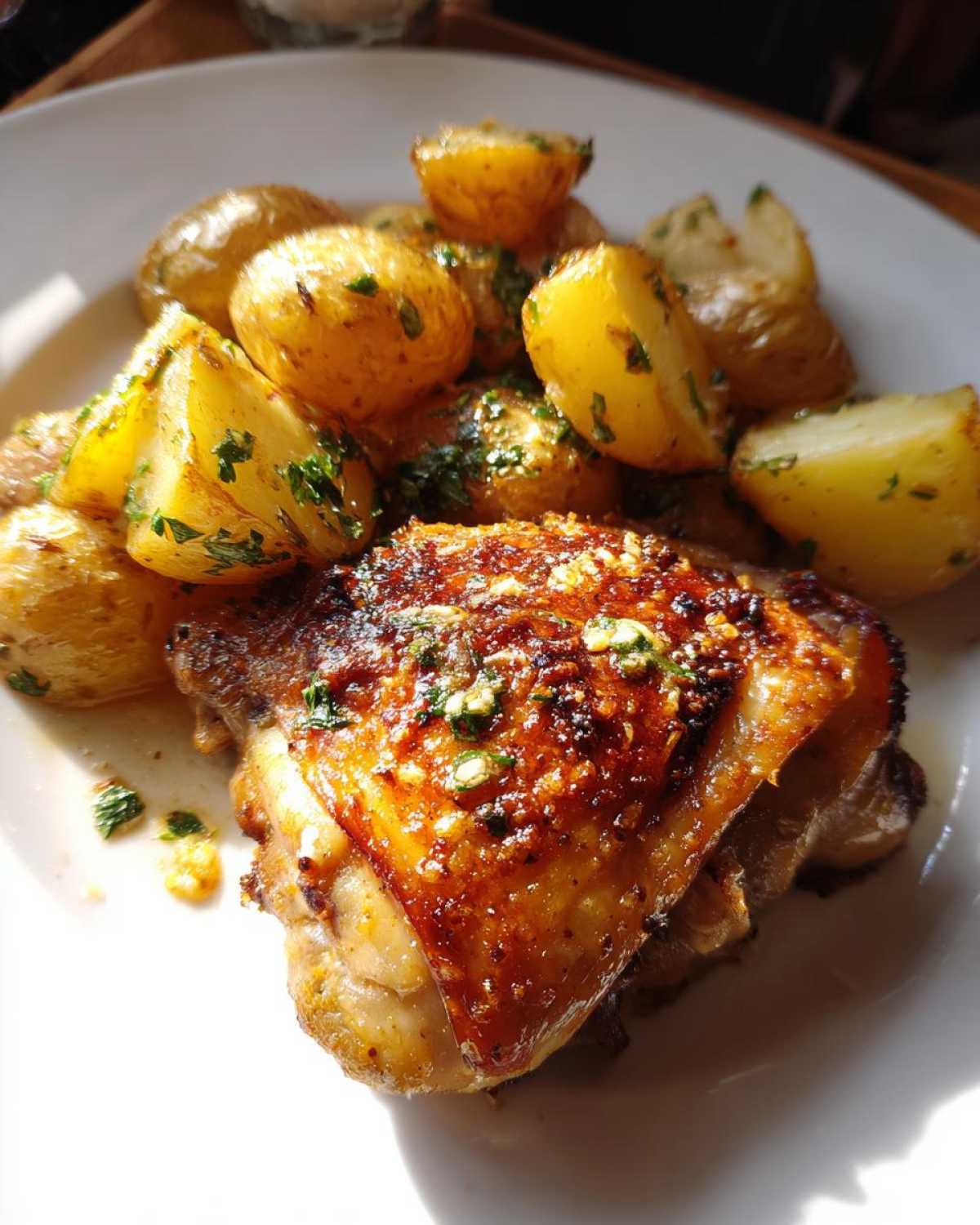 Close-up of a perfectly cooked piece of garlic parmesan chicken and potatoes, glistening with sauce and herbs.