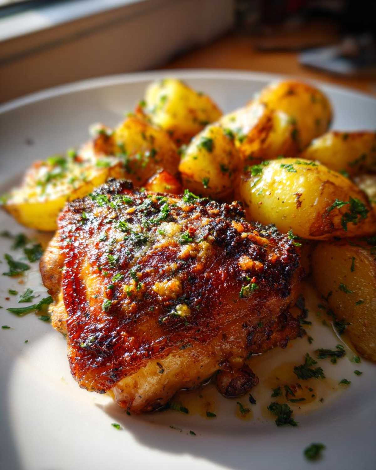 Close-up of a perfectly cooked garlic parmesan chicken thigh served with roasted potatoes, garnished with parsley.