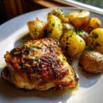 A close-up of juicy garlic parmesan chicken and potatoes, garnished with fresh parsley.