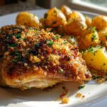 A close-up of golden brown garlic parmesan chicken and roasted potatoes sprinkled with parsley.