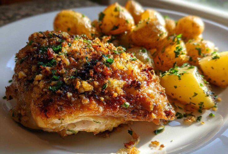 A close-up of golden brown garlic parmesan chicken and roasted potatoes sprinkled with parsley.