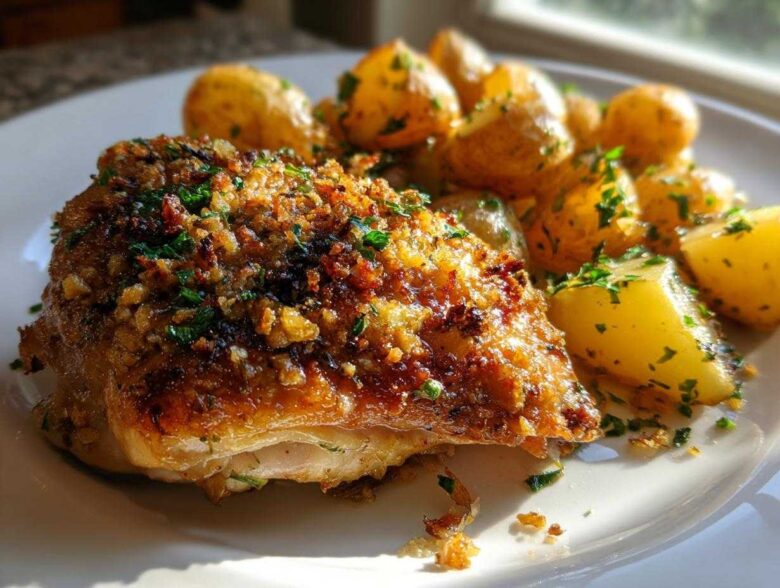 A close-up of golden brown garlic parmesan chicken and roasted potatoes sprinkled with parsley.