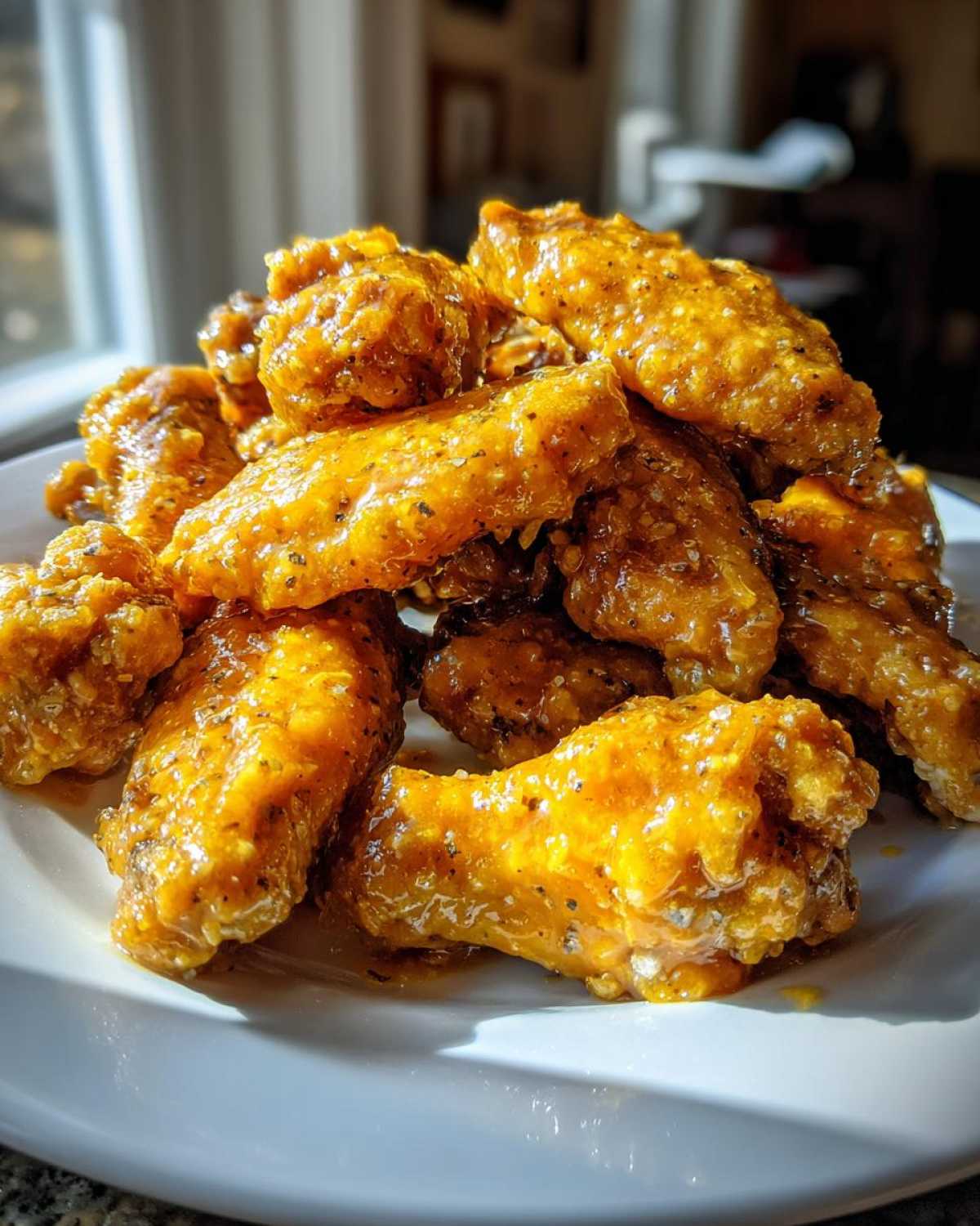 A pile of crispy chicken wings generously coated in glistening Copycat Garlic Parmesan Wing Sauce, served on a white plate.
