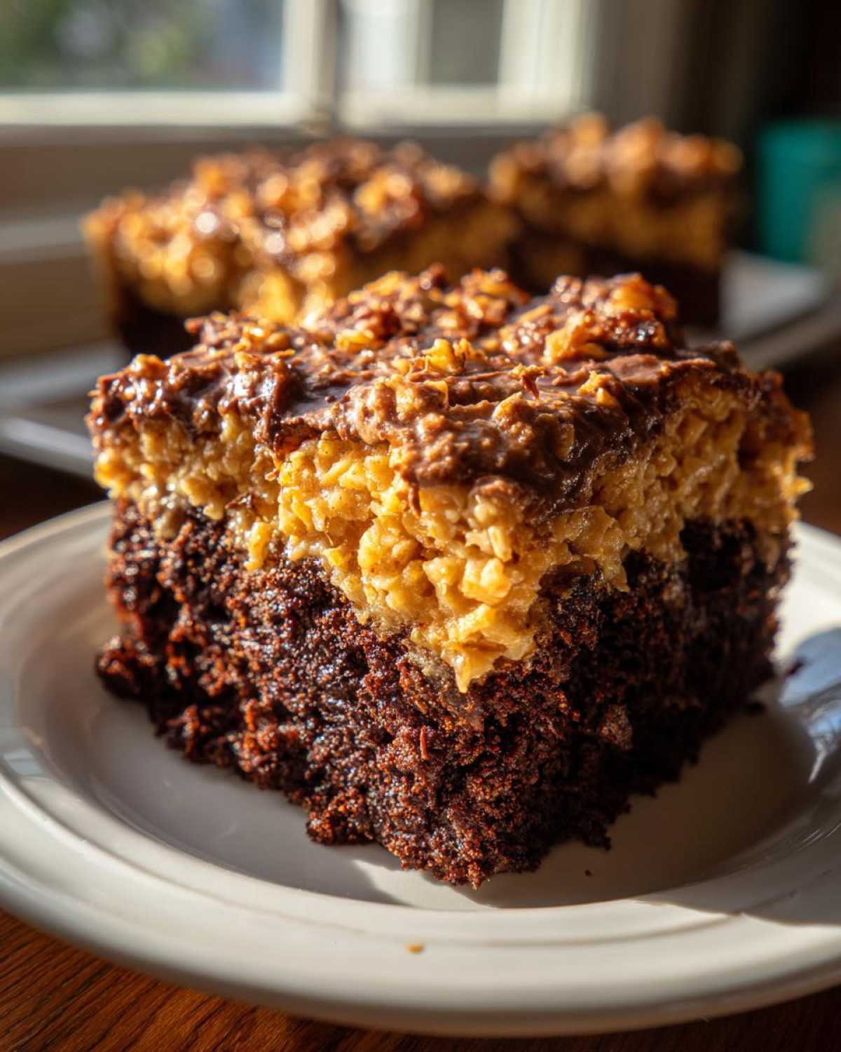 Close-up of a moist slice of german chocolate poke cake featuring a dark chocolate base and thick coconut-pecan topping.