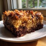 A rich slice of german chocolate poke cake featuring a dense chocolate base and a thick, toasted coconut pecan topping.