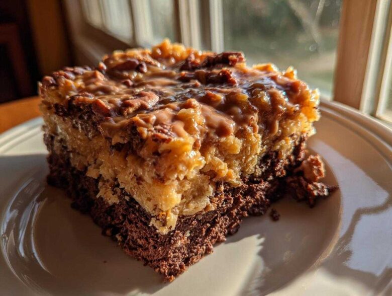 A close-up of a moist slice of german chocolate poke cake featuring a dark chocolate base and a gooey coconut-pecan topping.