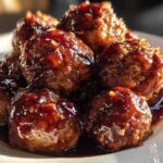 Close-up of several glossy, glazed Asian Meatballs Crockpot resting in a rich, dark sauce on a white plate.