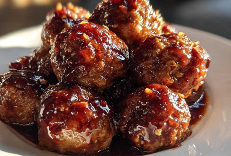 Close-up of several glossy, glazed Asian Meatballs Crockpot resting in a rich, dark sauce on a white plate.