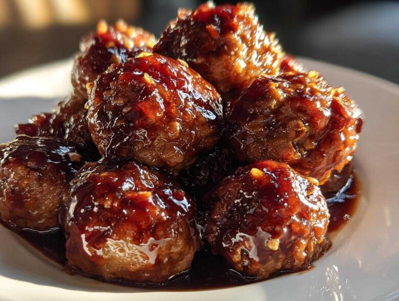Close-up of several glossy, glazed Asian Meatballs Crockpot resting in a rich, dark sauce on a white plate.