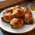 A close-up of several shiny, golden brown pigs in a blanket piled on a white plate.
