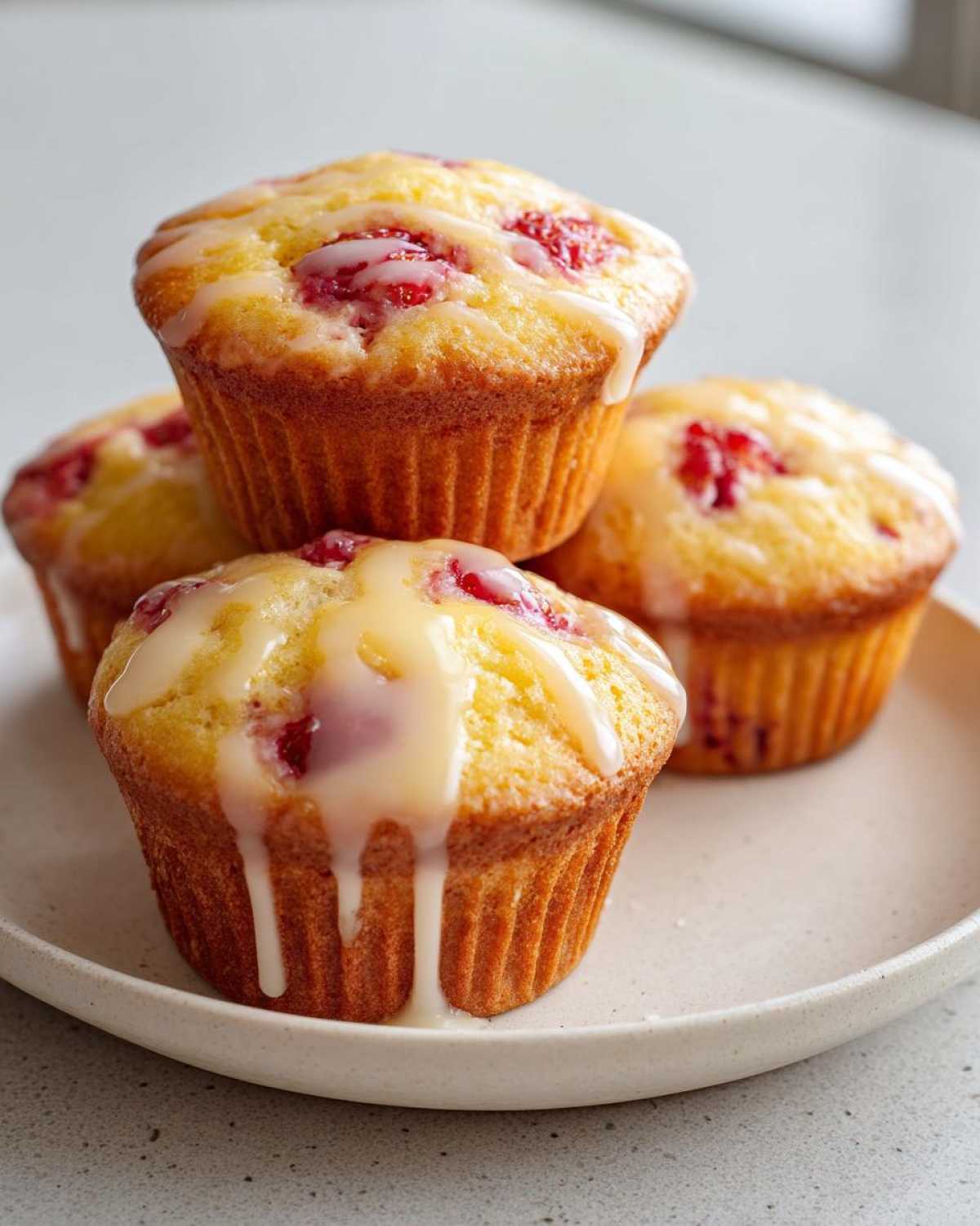 A stack of four golden Strawberry Yogurt Muffins topped with a thick vanilla glaze and visible strawberry pieces.