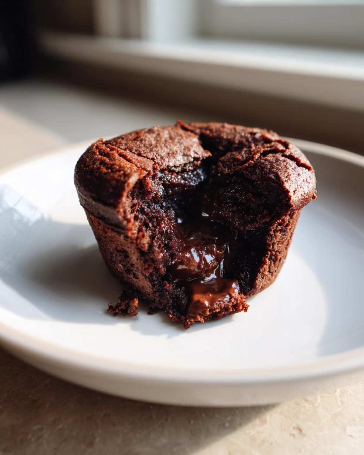 A close-up of a Gluten-Free Chocolate Lava Brownie Cup with molten chocolate oozing out onto a white plate.