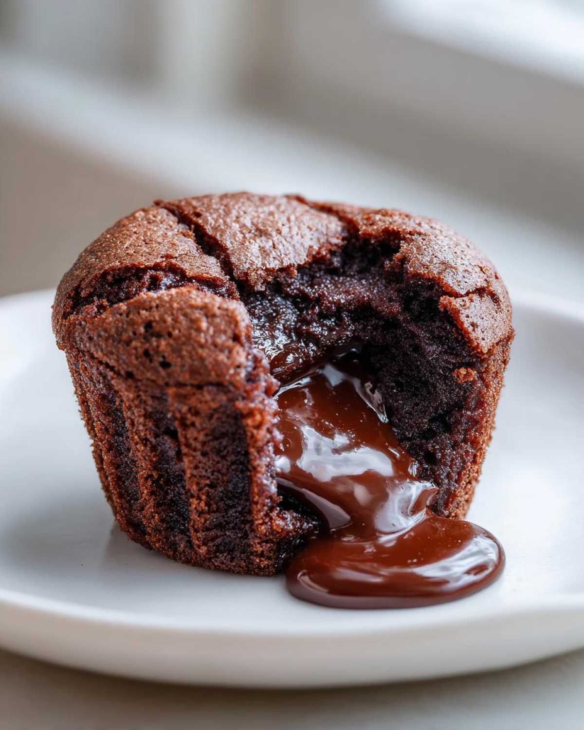 Close-up of a Gluten-Free Chocolate Lava Brownie Cup broken open, showing rich, molten chocolate lava oozing out onto a white plate.