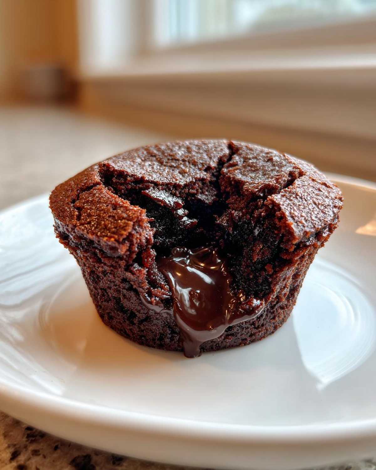 Close-up of a Gluten-Free Chocolate Lava Brownie Cup with molten chocolate oozing out of the center onto a white plate.