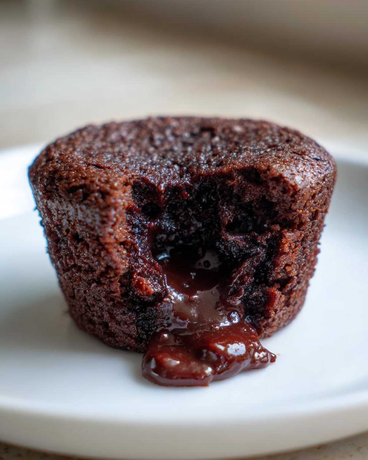 Close-up of a Gluten-Free Chocolate Lava Brownie Cup with molten chocolate oozing out of the center onto a white plate.