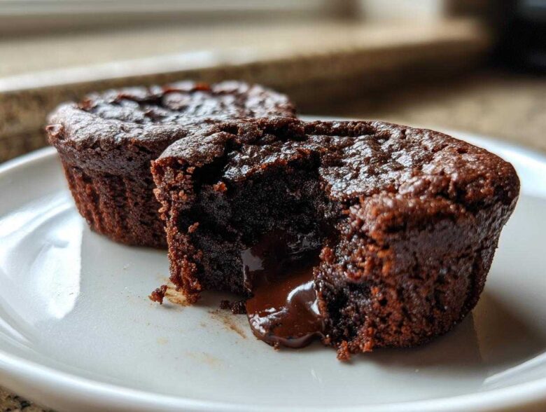 Close-up of a Gluten-Free Chocolate Lava Brownie Cup cut open, showing rich, molten chocolate flowing out onto a white plate.
