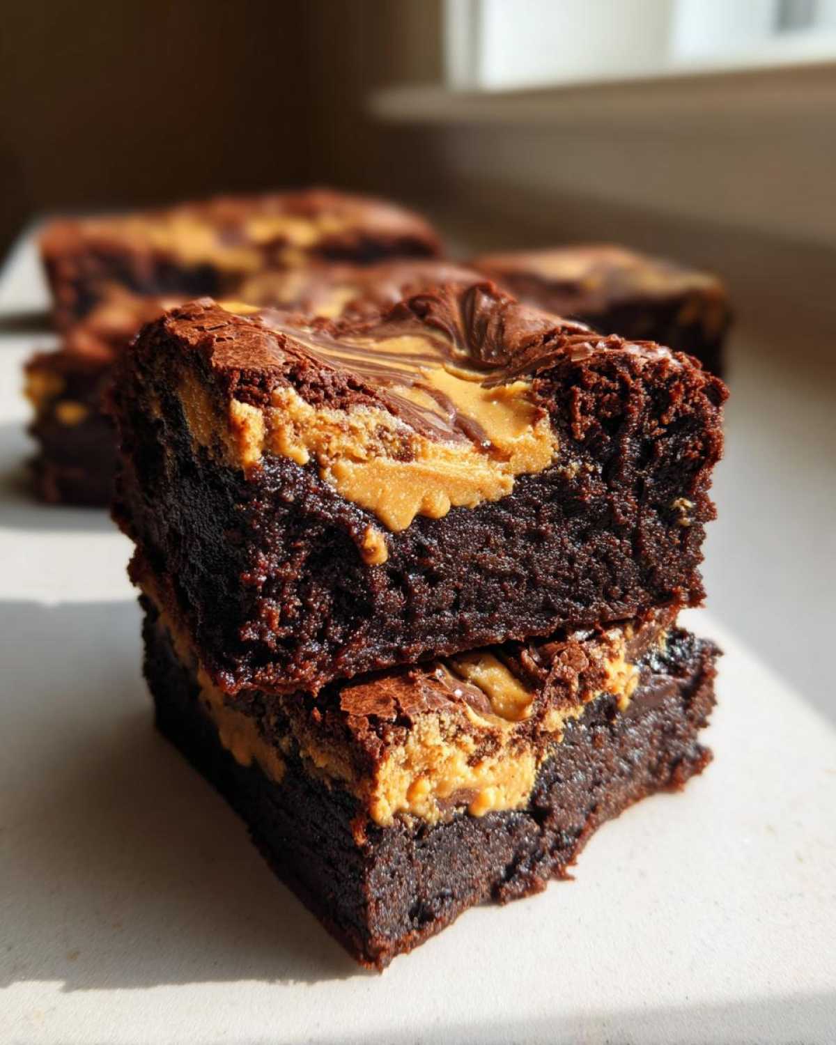 Two stacked, fudgy Gluten-Free Chocolate Peanut Butter Swirl Brownies showing a rich swirl of peanut butter.