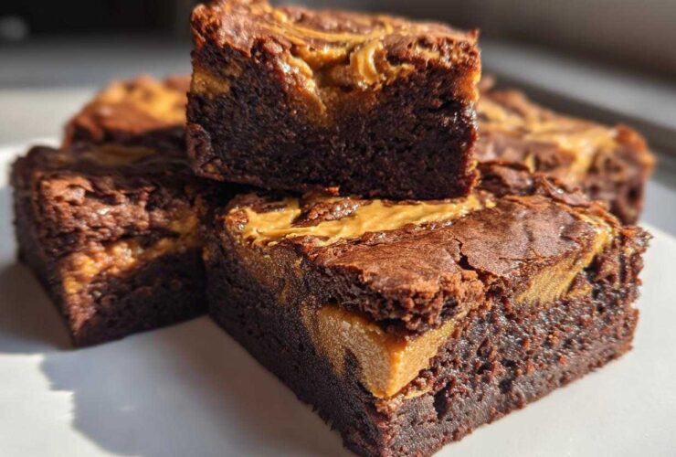 Close-up of stacked, fudgy Gluten-Free Chocolate Peanut Butter Swirl Brownies with rich swirls on top.