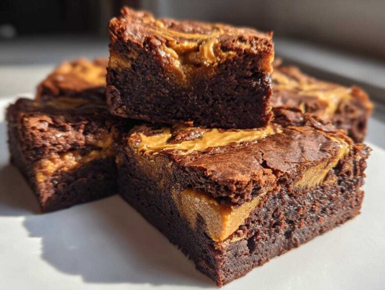 Close-up of stacked, fudgy Gluten-Free Chocolate Peanut Butter Swirl Brownies with rich swirls on top.