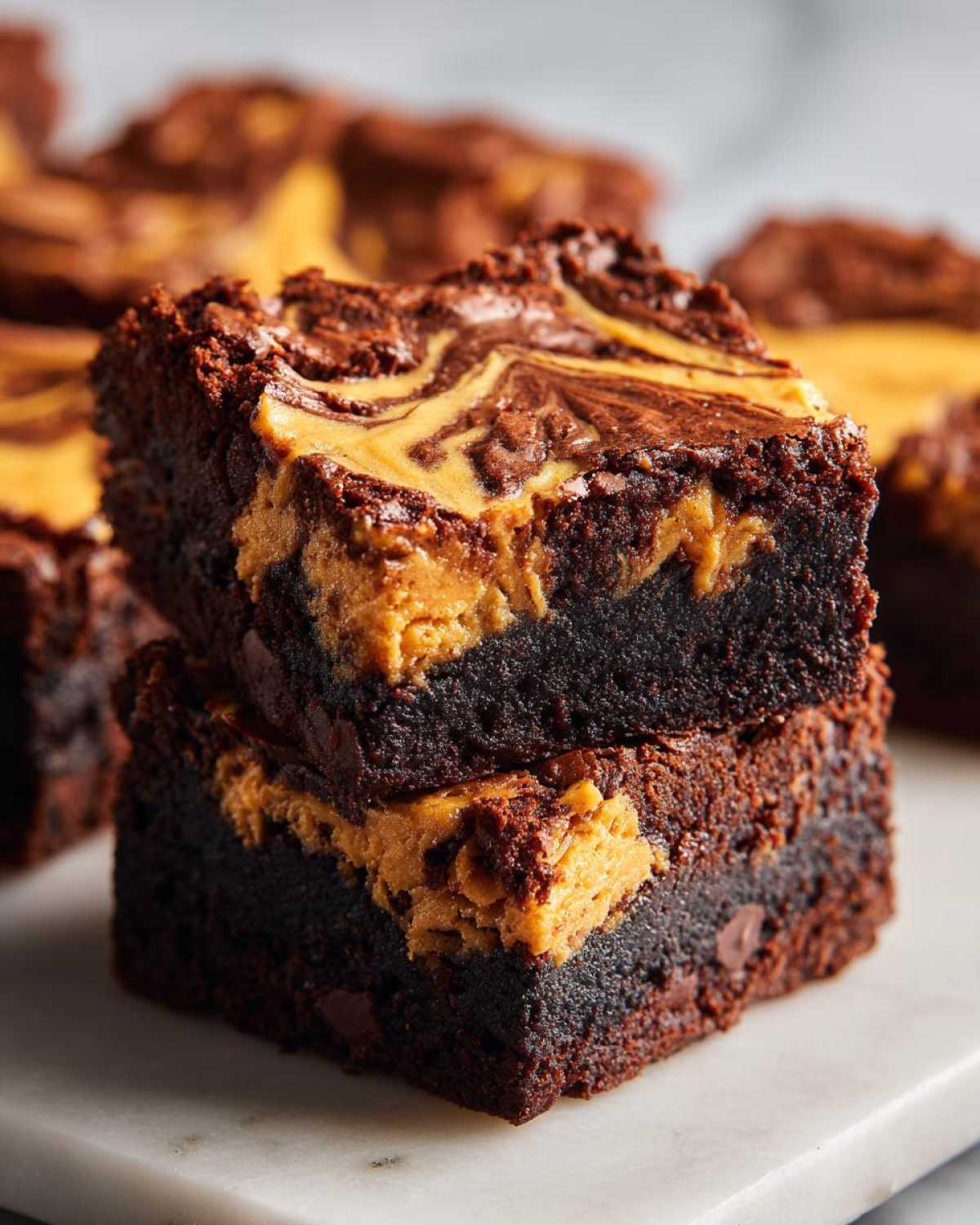 Two stacked, fudgy Gluten-Free Chocolate Peanut Butter Swirl Brownies with a rich chocolate base and a creamy peanut butter swirl topping.